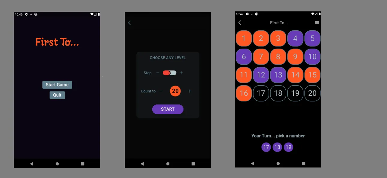 Count Game mobile application screens